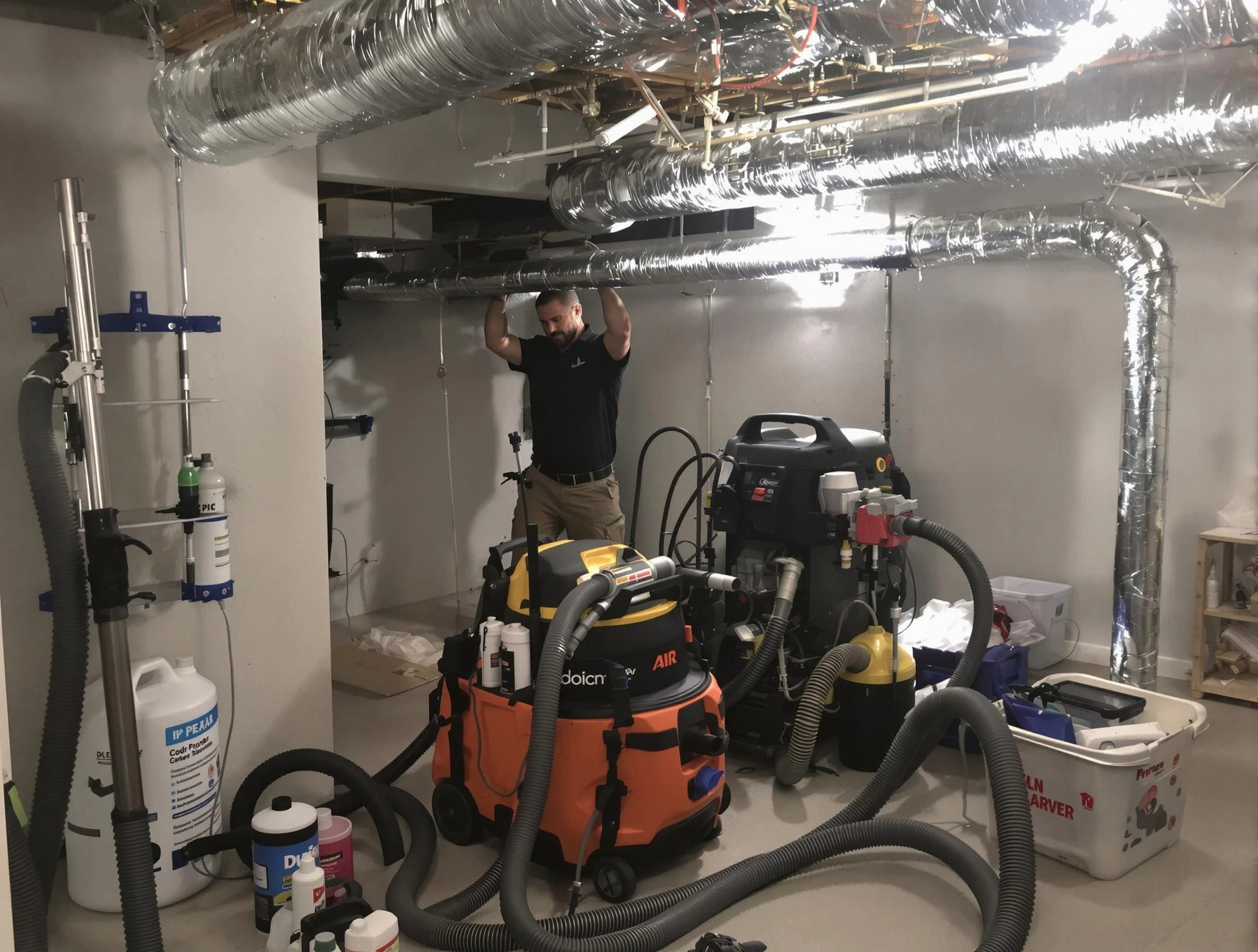 Fitchburg Air Duct Cleaning specialist performing professional mold removal from air ducts using safety equipment in Fitchburg