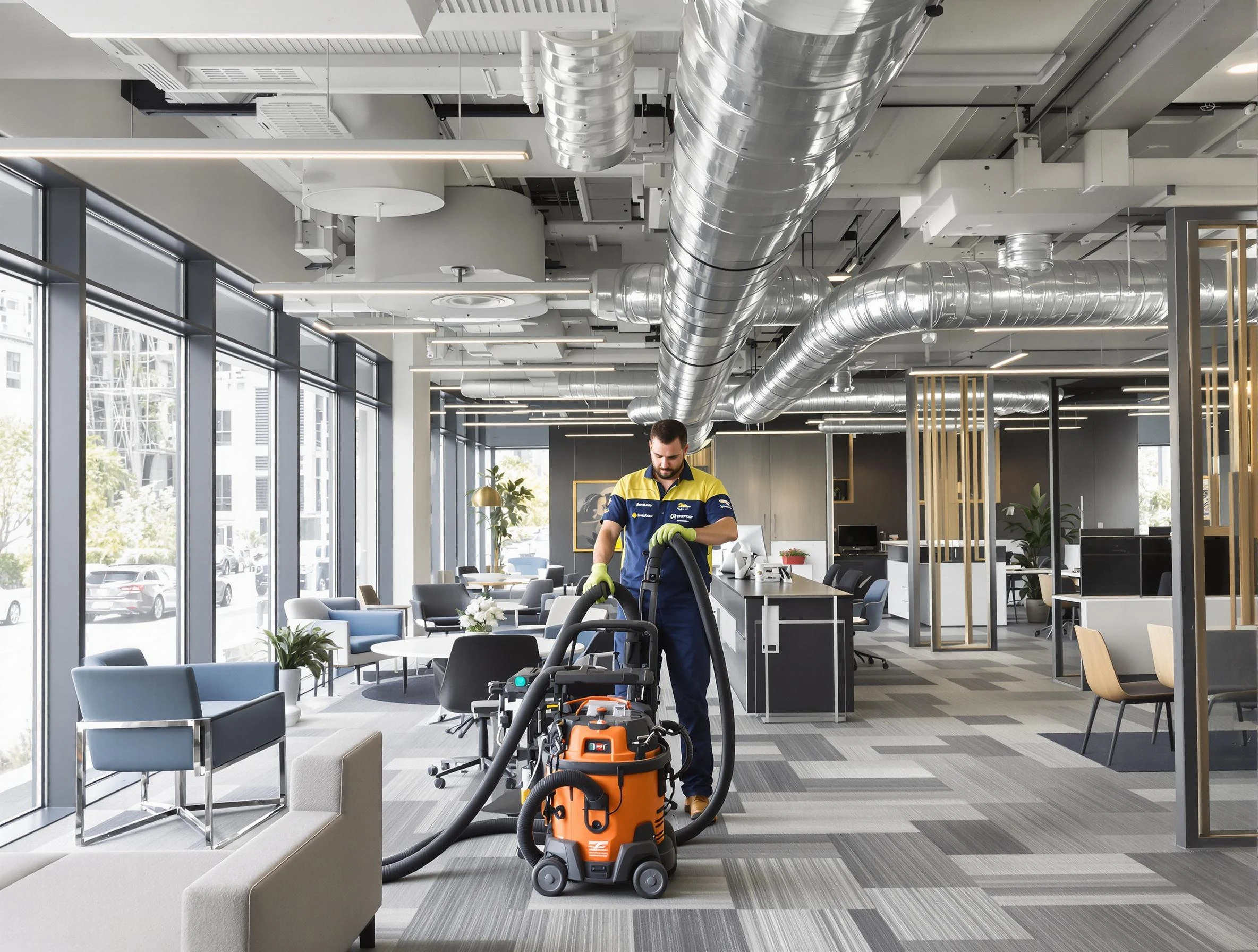 Fitchburg Air Duct Cleaning team performing thorough commercial duct cleaning at a Fitchburg business center